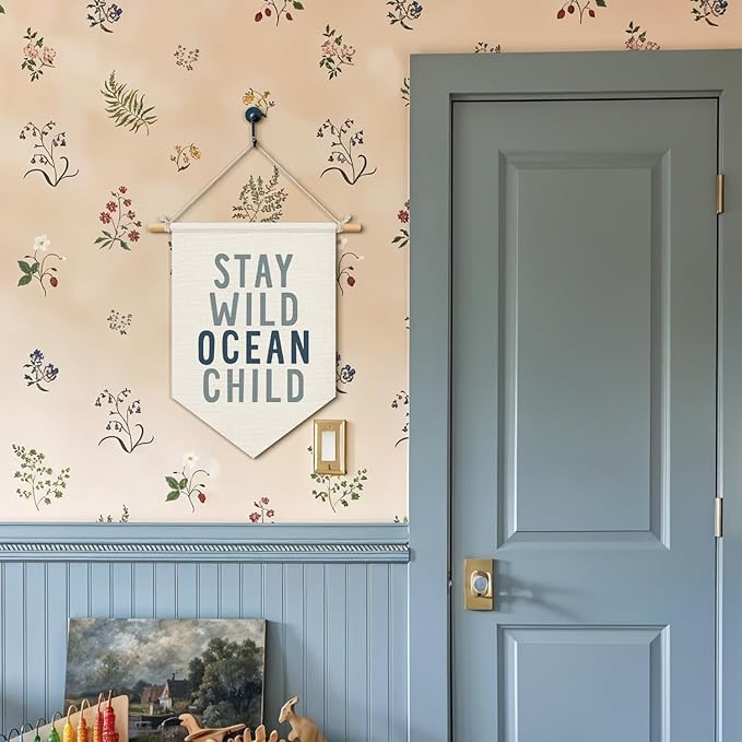 Wheatwin Ocean Nursery Decor, Stay Wild Ocean Child Wall Hanging Pennant Flag Banner, Coastal Beach Wall Decor for Kids Boys Girls Toddler Nursery Room Bedroom Playroom 15x11 Inch
