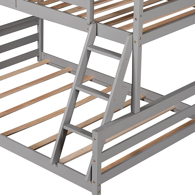 MERITLINE House Shaped Bunk Bed Twin Over Full Size Wood Bunk Bed Frame Low Bunk Beds for Kids, Twin Over Full,Grey