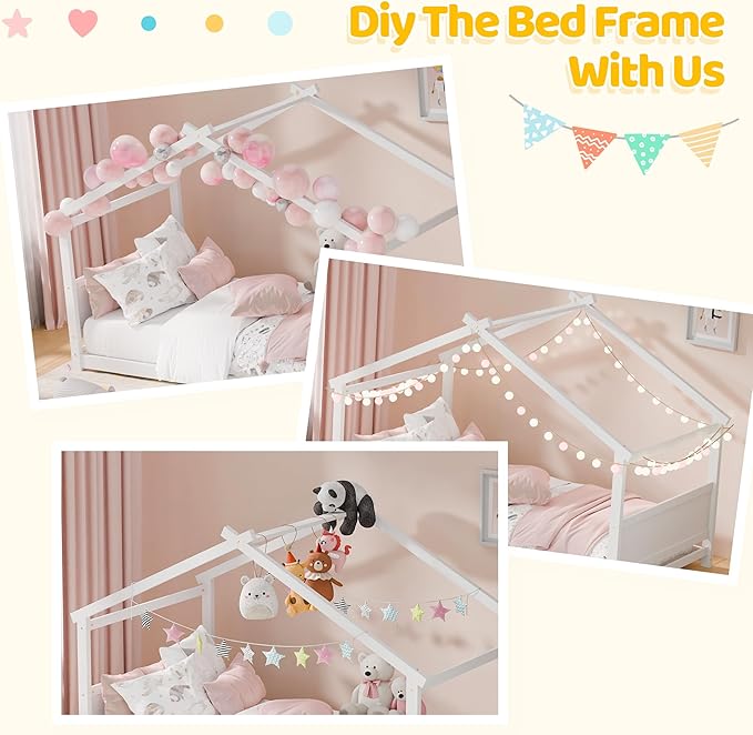 Twin House Bed, Montessori Floor Bed with Headboard & Footboard, Solid Wood Bed Frame for Toddlers Teens Bedroom, No Box Spring Needed, White
