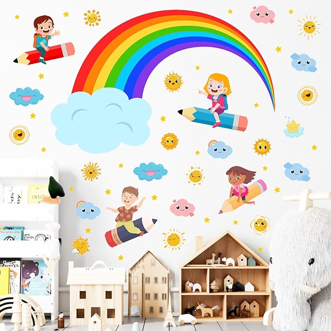 Rainbow Wall Decals Cloudy Sun Wall Stickers for Classroom, Watercolor Rainbow Cloudy Wall Decals Flying Girls Boys Wall Stickers Inspirational Art Murals for Nursery Playroom Kids Room