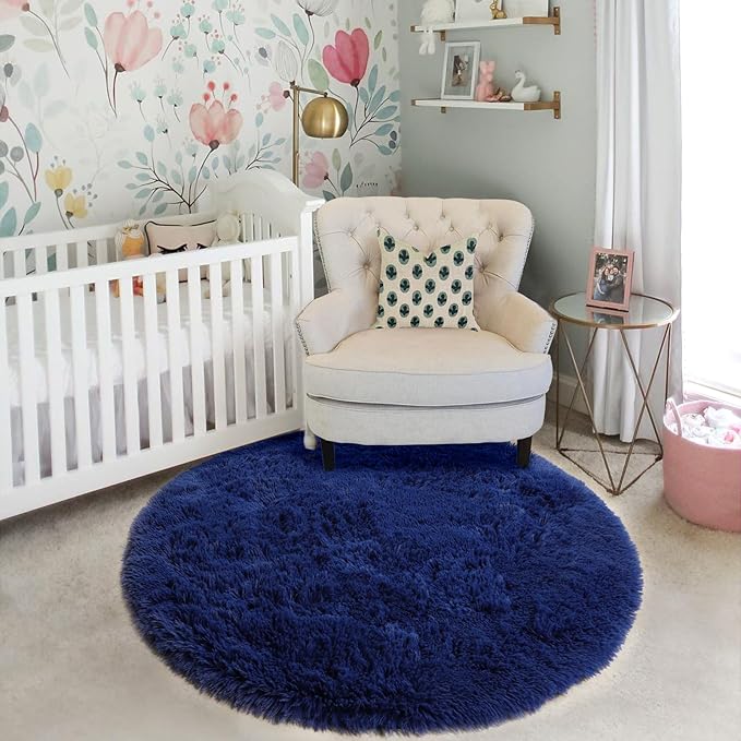 Navy Blue Small Round Rug 3Ft for Boys Room Bedroom, Washable Circle Area Rugs for Kids Room, Living Room Decor Aesthetic, Fluffy Shag Fur Throw Royal Dark Blue Carpet for Dorm Playroom Baby Nursery