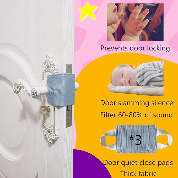 Door Silencer Cloth Latch Covers, Baby Door Cover Quiet Close Pads to Reduce Slamming Noise, Door Latch Cushion Pads to Prevent Door Slamming for Safety (3, Grayish Blue, 4.1 * 3.1 inches)