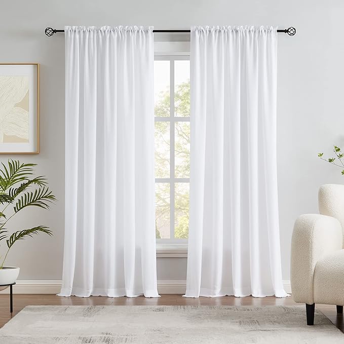 Melodieux White Velvety Semi Sheer Curtains 84 Inches Long for Bedroom, Living Room Elegant Soft Texture Rod Pocket Voile Drapes, 52 by 84 Inch (2 Panels)