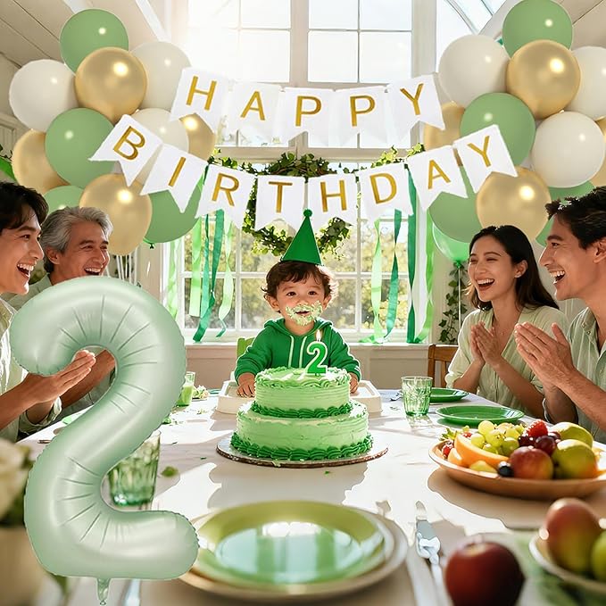 Sage 2nd Birthday Decorations For Boy -12 Inch Sage Balloons, 40 Inch Sage 2 Balloon, Happy Birthday Banner for Two Year Old BD Party Decorations