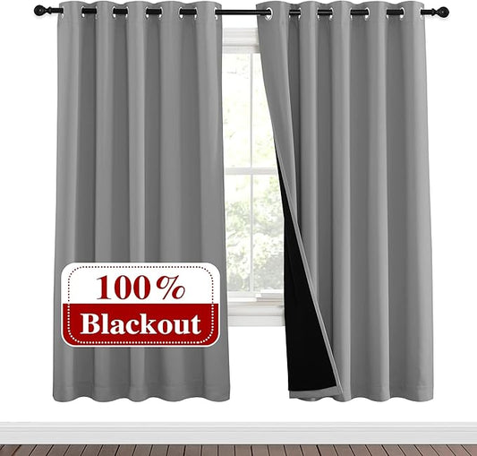 NICETOWN Full Shade Curtain Panels, Pair of Energy Smart & Noise Blocking Out Blackout Drapes for Dining Room Window, Thermal Insulated Guest Room Lined Window Dressing(Silver Grey, 62 x 72 inch)