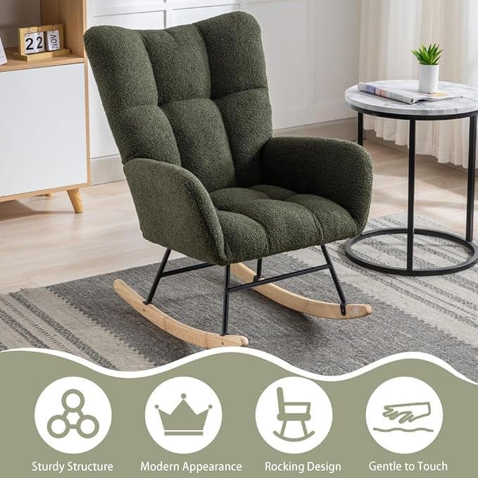 Nursery Rocking Chair Teddy Upholstered Glider Rocker Rocking Accent Chair with High Backrest Armchair Comfy Side Pocket Chair for Living Room, Bedroom, Offices (Dark Green)