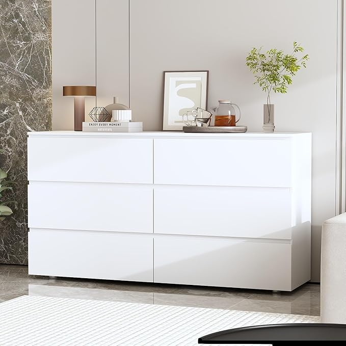 FAMAPY Chest of Drawers Dresser No Handles, 6 Drawer Dresser with Wide Storage, Modern 6-Drawer Chest, for Bedroom White 59”W x 15.7”D x 32.3”H