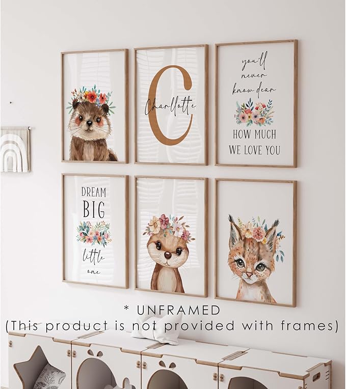 Personalized Flower Woodland Animals for Baby Girl Nursery Bedroom Unframed Poster Prints, Customized Name Cute Animals Wall Art Decor New Baby Girl Gift Present Bear Deer Bunny (11x14, 6 Prints)