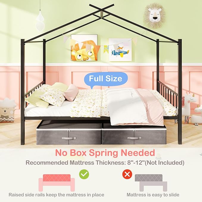 Giantex Full Size House Bed with 2 Storage Drawers, Metal Montessori Bed Frame with Headboard & Footboard, Full House Beds for Kids Girls Boys, No Box Spring Needed, Noise Free (Black)