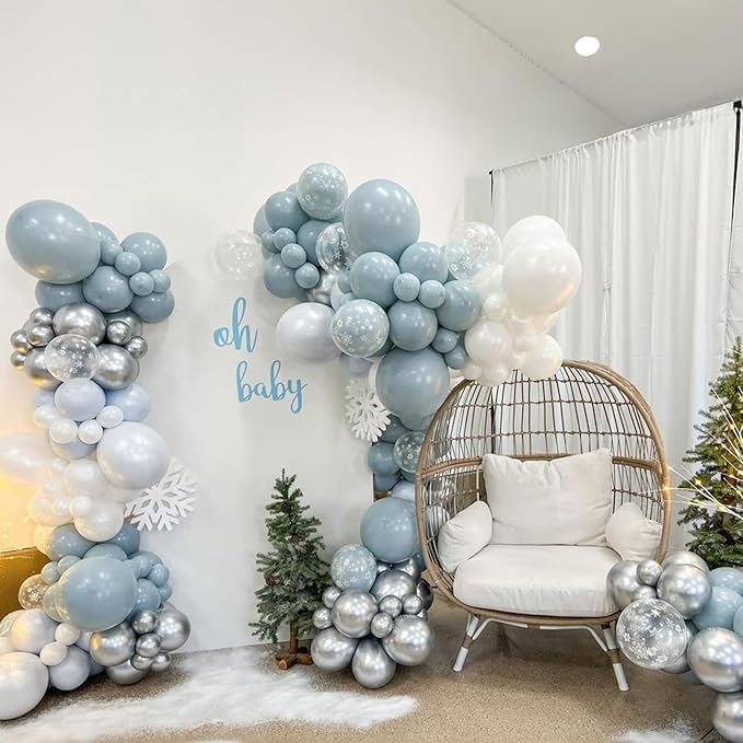 Blue Winter Wonderland Balloons, 60 PCS 12 Inch Dusty Light Baby Blue White and Silver Balloon Snowflake Balloons for Boy Baby Shower Winter Christmas Holiday Birthday Party Decorations