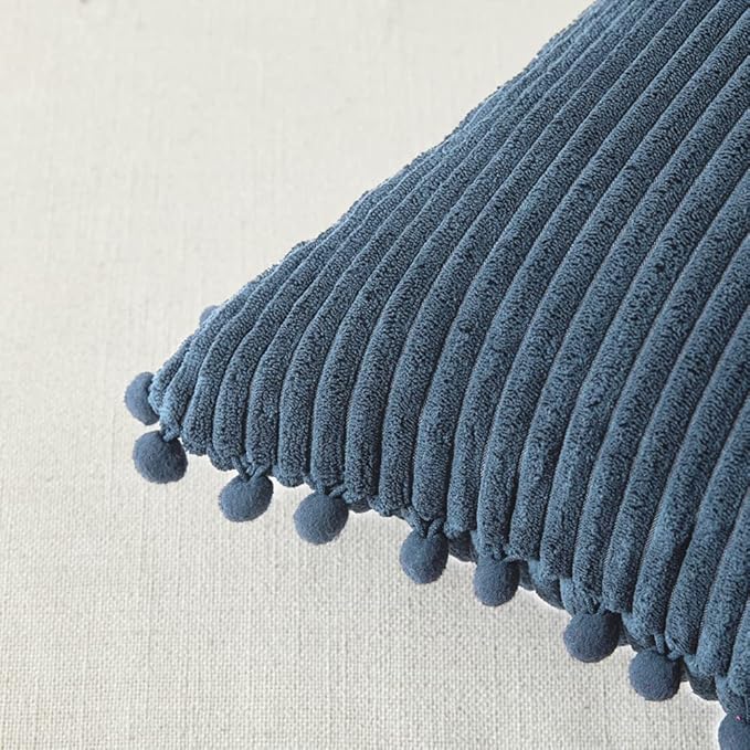 Fancy Homi Set of 2 Dusty Blue Decorative Throw Pillow Covers 14x14 Inch with Pom-poms for Couch Bed Sofa, Modern Farmhouse Boho Home Decor, Soft Plush Corduroy Cute Cushion Case 35x35 cm