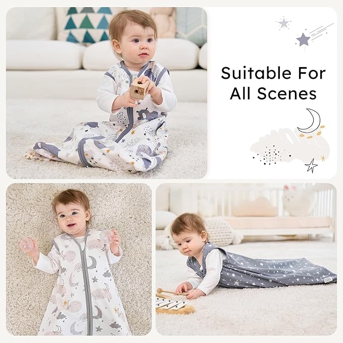 Baby Sleep Sack 18-24 months, 100% Cotton Sleeping Sack for Newborn and Infant, 3 Pack Baby Wearable Blanket for Boy and Girl, 0.5 Tog Lightweight Double Zipper Sleep Bag Grey Moon Bear