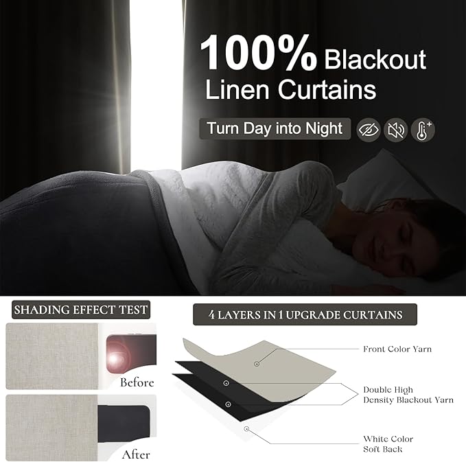 Blackout Curtains 60 Inches Extra Wide Natural Linen Curtains 108 Inch Length for Living Room, Pleated Farmhouse Bedroom Thermal Heavy Drapes for Winter Thick Large Window 60"W x 108"L 2 Panels