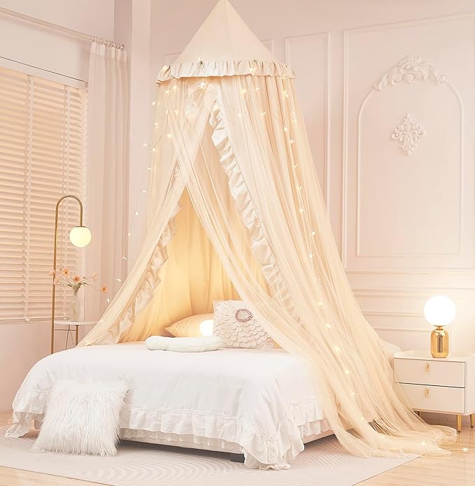 Mengersi Bed Canopy for Girls Kids,Double Canopy Bed Curtains Round Dome Mosquito Net Castle Play Tent Castle for Girls Room Decor (Ivory/Double)