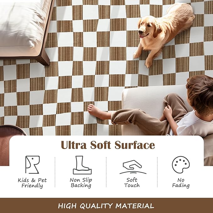 jinchan Runner Rug 2x5 Hallway Washable Modern Checkered Geometric Lattice Kids Bedroom Rug Indoor Floor Cover Non Slip Soft Carpet for Nursery Room Kitchen Laundry Room Home Brown