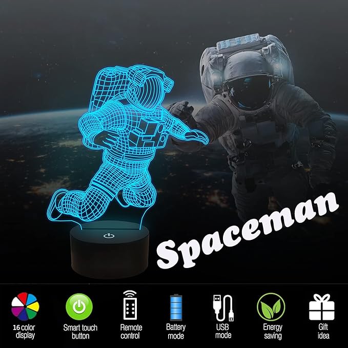 FULLOSUN Spaceman 3D Night Light, Astronaut Rocket Optical Illusion Lamp Birthday Gift Idea for Outer Space Fan Xmas, Living Room Decor Night Light with 7 Colors Changing