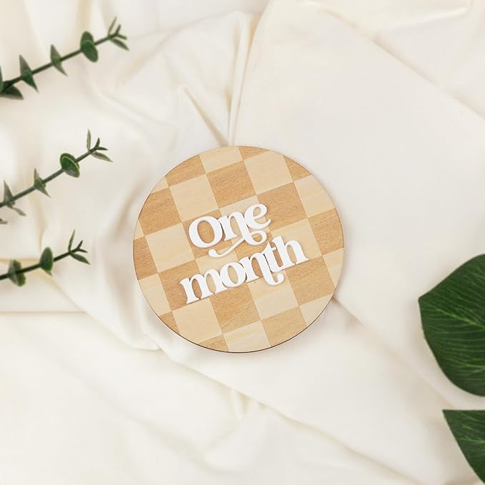 Wooden 3D Baby Monthly Milestone Cards Monthly Milestone Discs Newborn Photography Props Baby Announcement Sign Baby (Checkered)