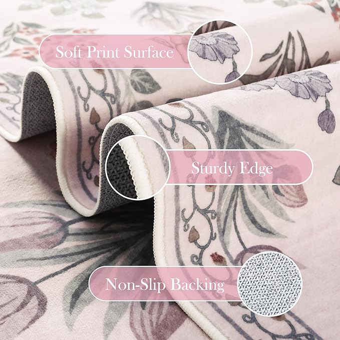 Wonnitar 8x10 Washable Rug, Pink Rugs for Girls Bedroom Decor, Boho Ultra-Thin Non Slip Soft Moroccan Floral Large Carpet for Living Room Baby Nursery Kids Playroom, Pale Pink