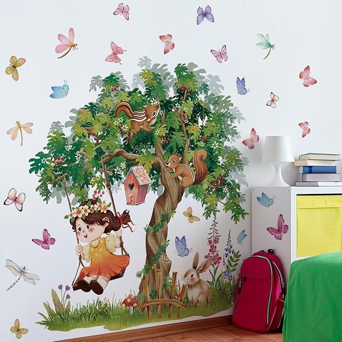 Amaonm Large Whimsical Tree Wall Decal with Woodland Animals, Birds, and Butterflies, Watercolor Green Tree Wall Sticker Decor for Girls Kids Bedroom Living Room Nursery Decoration (B)