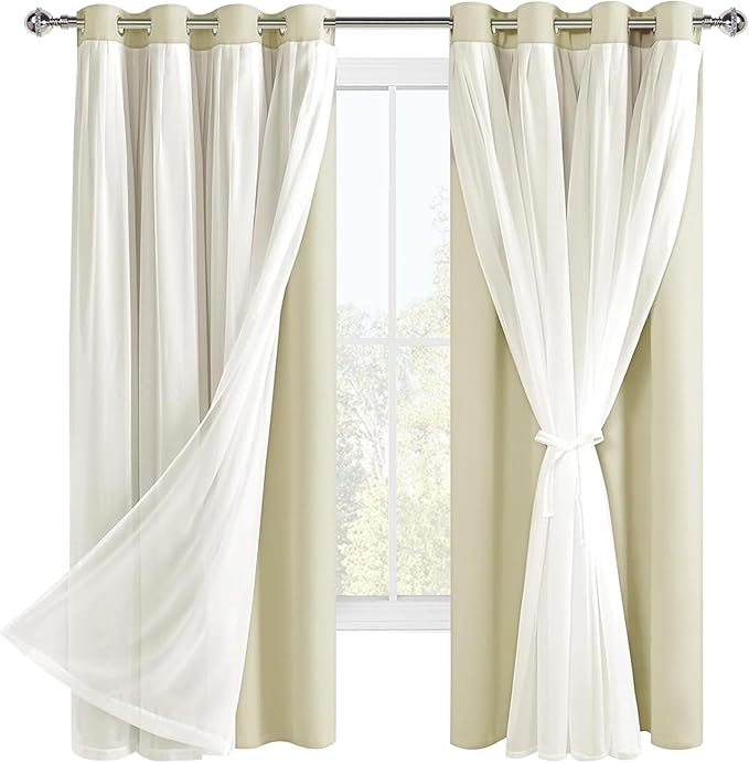 Hiasan Blackout Curtains with Sheer Overlay, Thermal Insulated Privacy Mix and Match Double Layer Window Curtains for Bedroom, Living Room, 2 Drape Panels Sewn with Tiebacks, Light Beige, 52W X 63L