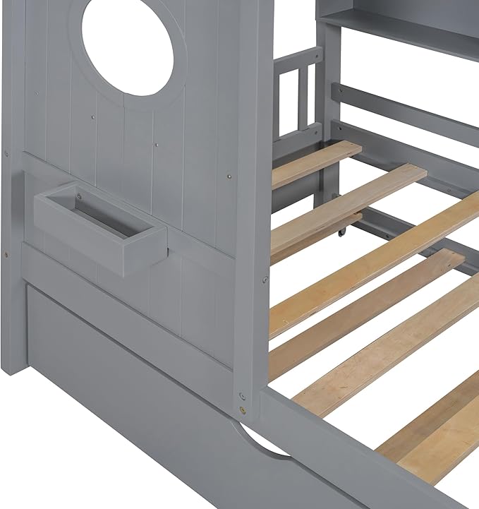 Twin Size House Bed with Roof and Window for Kids, Wooden Playhouse Bed with Storage Shelves and Trundle for Bedroom Furniture Girls & Boys (Grey/T1)