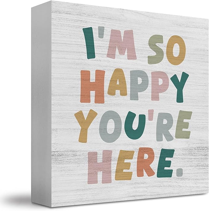 Boho Classroom Wooden Box Sign, Boho Classroom Decor, I'm So Happy You're Here Wood Block Box for Kids Nursery Room Bedroom Playroom Desk Shelf Table Decor, 5x5 Inch FY-mh-663