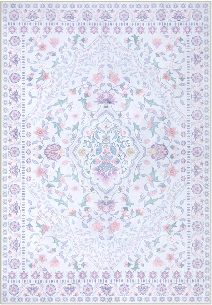 Wonnitar Floral Purple Rug for Nursery, Washable 5x7 Kids Rug, Boho Ultra-Thin Soft Non Slip Vintage Carpet for Bedroom Dorm Living Room Playroom Office, Pale Purple