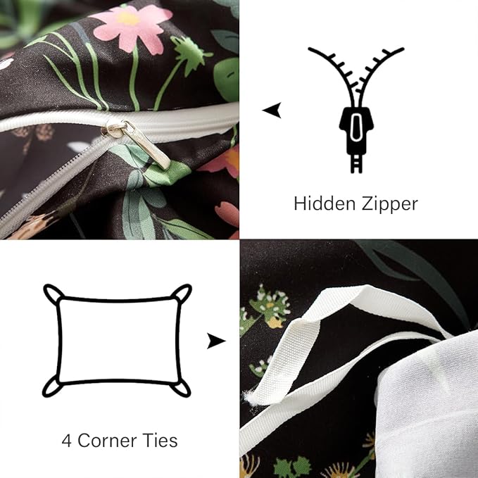 Floral Duvet Cover Full Black 3 Pieces Elegant Botanical Flower Bedding Set Farmhosue Aesthetic Bedding Soft Microfiber Duvet Cover Set with 2 Pillowcases