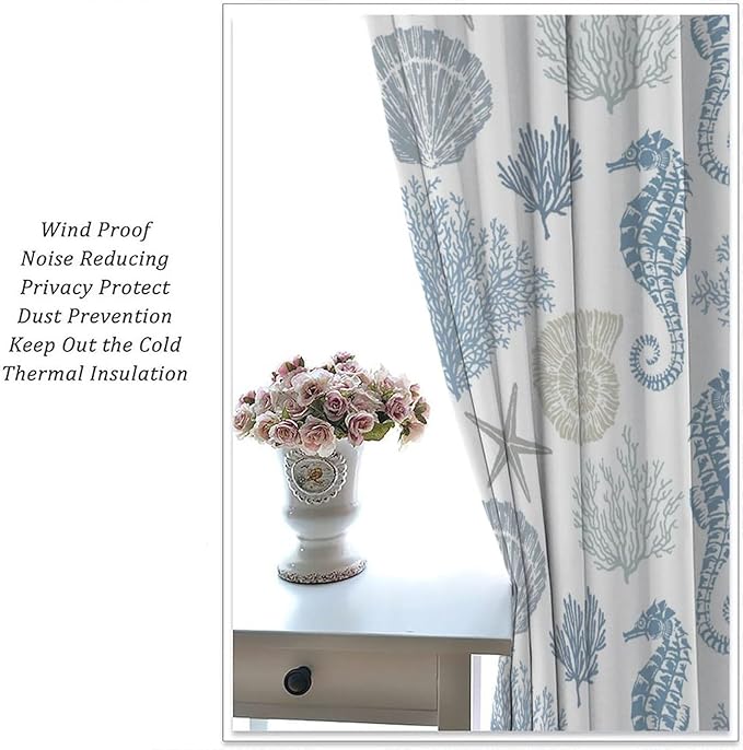 Seahorse Coral Curtains,Starfish Seashell Beach Sea Starfish Seashell Theme Pattern Blackout Print Home Bedroom Living Room Window Treatmen 2 Panel Set 42x63 Inch