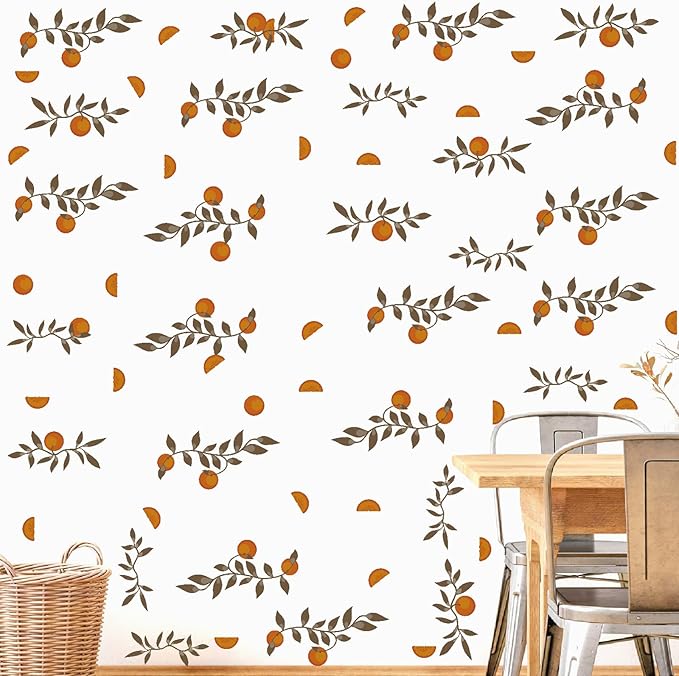 Orange Leaf Wall Decals Boho Fruit Leaf Wall Stickers Small Tree Leaf Sticker Vintage Green Leaves Decal Cute Orange Leaves Wall Decals for Nursery Kids Room Bedroom Kitchen Decor