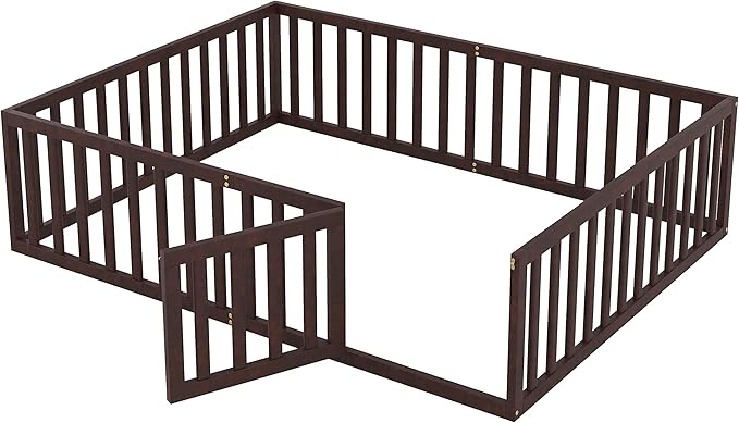 Merax Queen Floor Bed with Safety Guardrails and Door, Wood Montessori Floor Bed Frame for Kids, Queen Playhouse Bed Frame for Baby Girls and Boys, Walnut