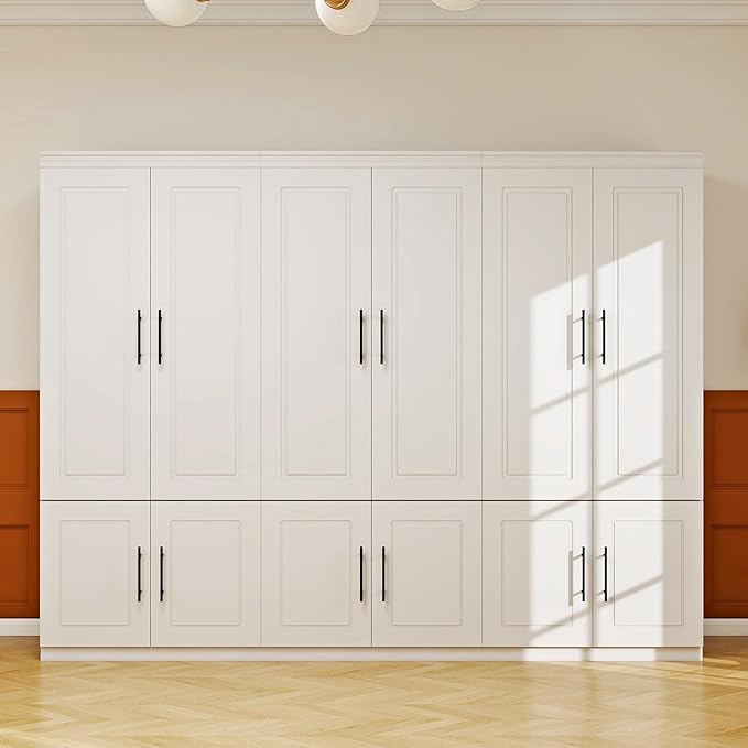White Armoire Wardrobe Closet with 6 Door: Wood Wardrobe Closet Combination Cabinet Wooden Bedroom Armoire with Hanging Rods for Home/Bedroom/Living Room
