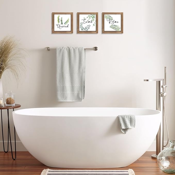 pechpell 3 Piece Relax Soak Unwind Wall Art Bathroom Signs, Wooden Sage Green Botanical Bathroom Decor, Nature Leaves Plant Pictures Table Top Shelf Desk Bedroom Rustic Farmhouse Home Decorations
