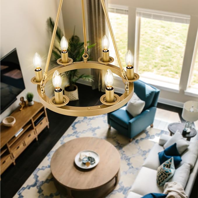Wagon Wheel Chandelier, 6-Light Gold Round Modern Farmhouse Chandelier with Adjustable Height Hanging Island Light Fixture for High Ceiling Dining Room, Kitchen, Living Room, Entryways, Foyer