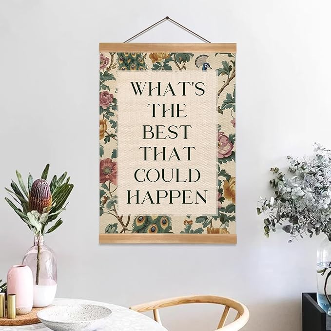 ZTGDA Inspirational Vintage Floral Wall Art –What’s the Best That Could Happen,Quote Linen Canvas Poster, Motivational Hanging Wall Decor for Office, Bedroom, Therapy Room or Study Decor(Happen)