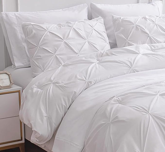 LANE LINEN White Comforter Set with Sheets, 7 Piece Bed in a Bag Queen Size, Pintuck Queen Bed Set, Ultra Soft Bedding Queen Size with Down Alternative Comforter, Sheets, Pillowcases & Shams - White