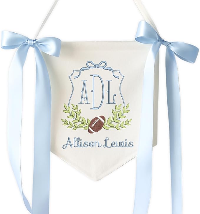 Embroidered Baby Name Sign Personalized Baby Announcement Sign Newborn Baby Banner with Bows Baby Hospital Name Sign Canvas Hanging Pennant Flag Custom Infant Baby Name Baby Shower Banner (07)