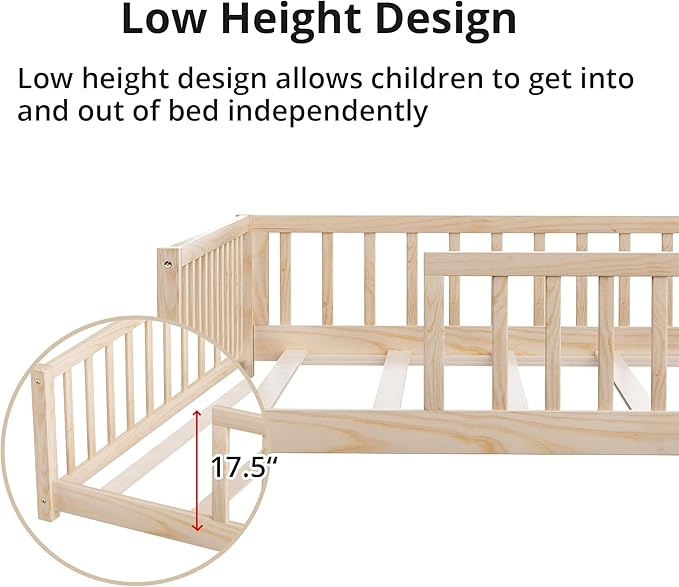 LLS Full Floor Bed for Kids Toddlers, Solid Wood Multifunctional Montessori Bed Frame with Safety Guardrails, Without Door, Easy Assemble, Natural