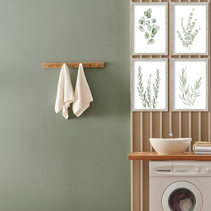 LuZhiQiang Botanical Wall Decor Sign 16x11 Inch Sage Green Plants Prints Set of 4 Modren Minimalist For Bathroom Bedroom Laundry Room Aesthetic Watercolor Small Wood Framed Wall Hanging Art (White)