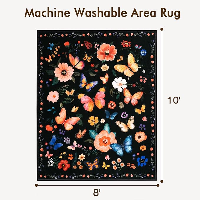8x10 Machine Washable Area Rug, Non-Slip Large Vintage Floral Floor Rugs for Kids, Low Pile Room Carpet for Living Room, Bedroom, Dining Room & Nursery(8x10 Black Floral)