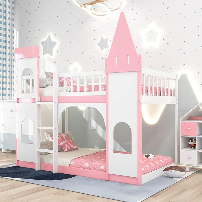 MERITLINE Twin Over Twin Castle Bunk Bed with Ladder,Solid Pine Wood Floor House Princess Bunk Bed Pink