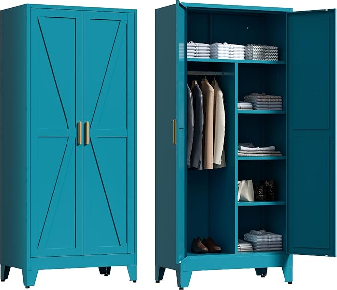 71'' Farmhouse Metal Wardrobe Cabinet with Hanging Rod, 2 Barn Door Wardrobe Closet with 5 Adjustable Shelves,Drawer,for Dining Room,Bedroom,Living Room, Cloak Room,Office (Peacock Blue)