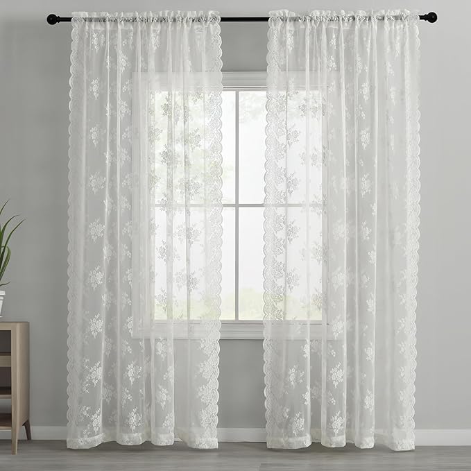 Kotile Ivory Lace Curtains 63 Inch Length 2 Panels, Country Rustic Floral Design Sheer Lace Curtains for Bedroom, Rod Pocket Vintage Privacy Lace Window Panel Set, 42 x 63 Inch Each, Ivory