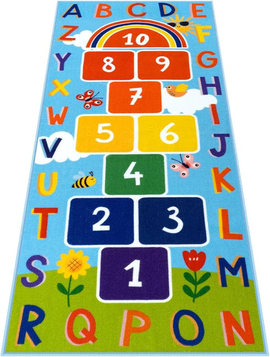 STARUIA Washable Hopscotch Kids Rug for Playroom, Colorful Educational Classroom Rugs with ABC Number, Non Slip Kids Play Rug Game Carpet for Bedroom Nursery Boy Girl （Blue, 31.5''x72''）