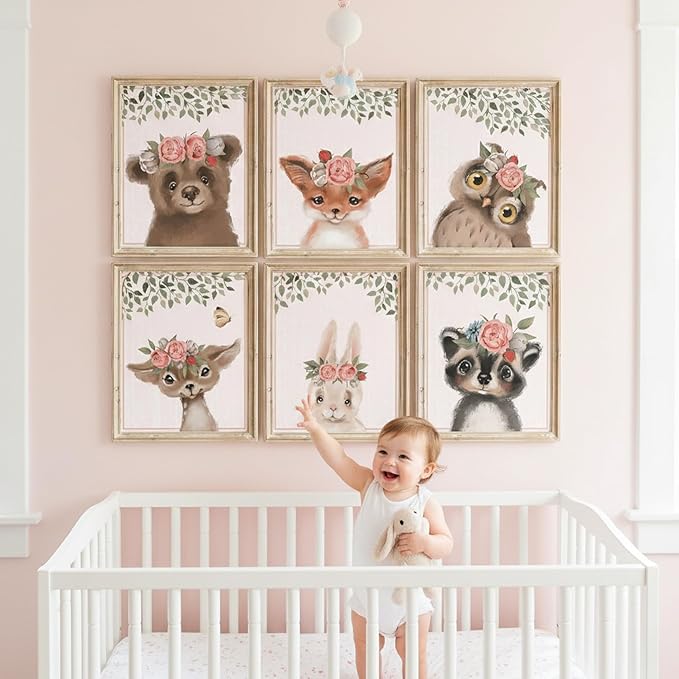 DREAM BIG PRINTABLES Woodland Animals Nursery Wall Art Prints (Set of 6) - Unframed - 8x10s | Set Includes Bear, Fox, Owl, Deer, Bunny Rabbit, and Raccoon wearing Floral Crowns