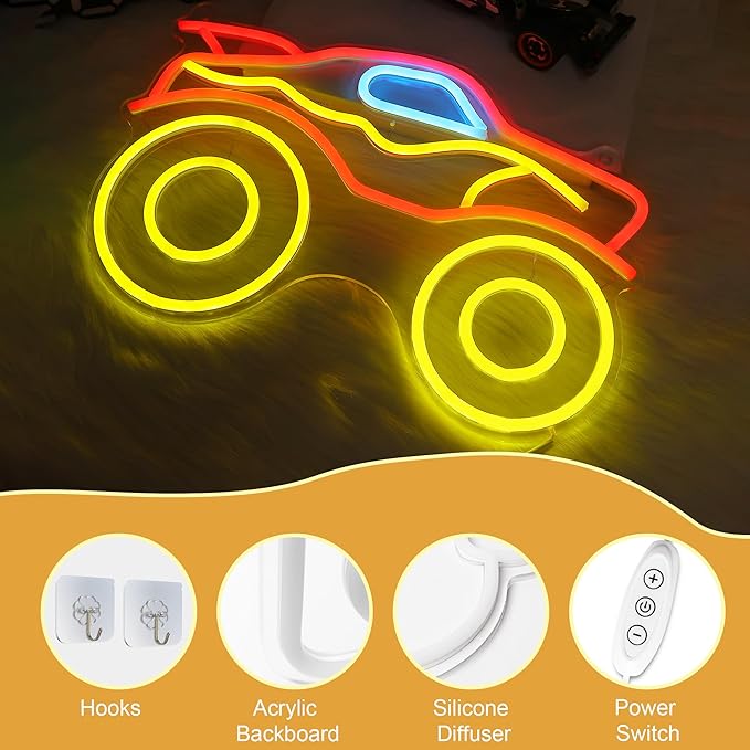 Monster Truck Neon Light, Dimmable LED Truck Neon Wall Sign USB Powered with 4-Color Lights, for Bedroom Living Room Game Room Man Cave Home Birthday Gift for Boys Men