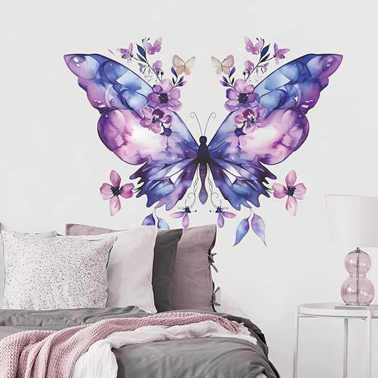 Purple Butterfly Flower Wall Decals Large Blue Butterfly Stickers Colorful Art Decal Removable Peel and Stick Butterflies Wall Decor for Kids Girls Bedroom Nursery Bathroom Decorations