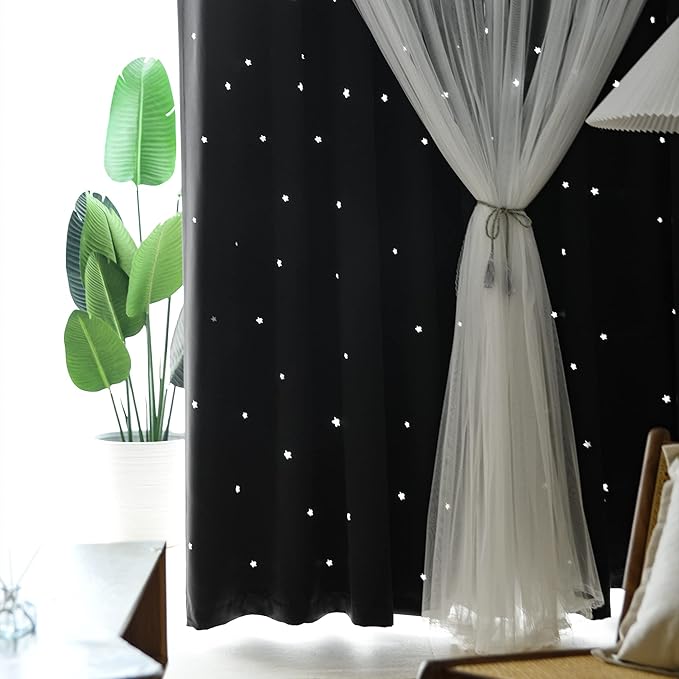 Kinryb Kids Blackout Curtains for Bedroom/Living Room/Classroom, Sheer Overlay 2 Free Tiebacks, Double Layer Curtains with Star Cutout for Kids Room(Each Piece W 70 x L 84 Inches 2 Pcs Black)