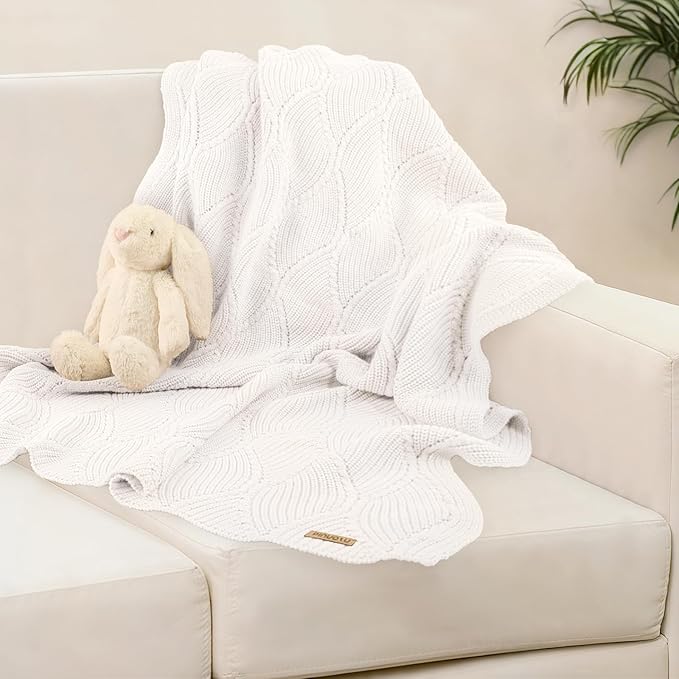 Thick Cotton Knit Baby Blanket 40x31 Inches – Soft Breathable Newborn Blanket for Boys & Girls, Wavy Pattern Receiving Blanket for Crib, Stroller, or Nursery, Gift Box for Baby Shower (White)