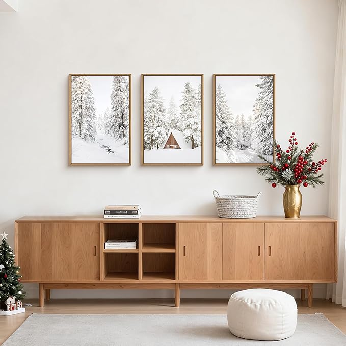 HLNIUC Christmas Snow Forest Framed Wall Art Set of 3, Large Winter Mountain Pine Tree Decor, Vintage White Cabin Landscape Canvas Art(16x24), Farmhouse Rustic Prints for Living Room, Bedroom, Office